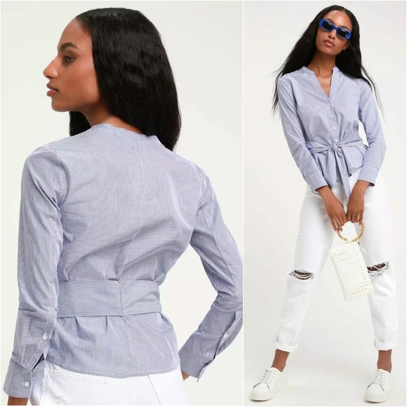 BB Dakota Top Blue Stripe Long Sleeve Tie Waist - Picture 2 of 11